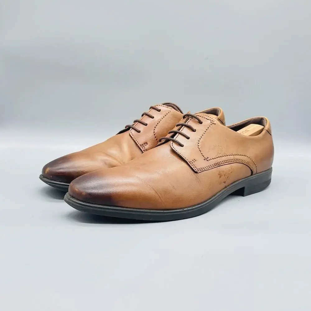 ECCO Shoes Mens 13 Brown Leather Derby Oxford Dress Comfort Casual Almond Toe